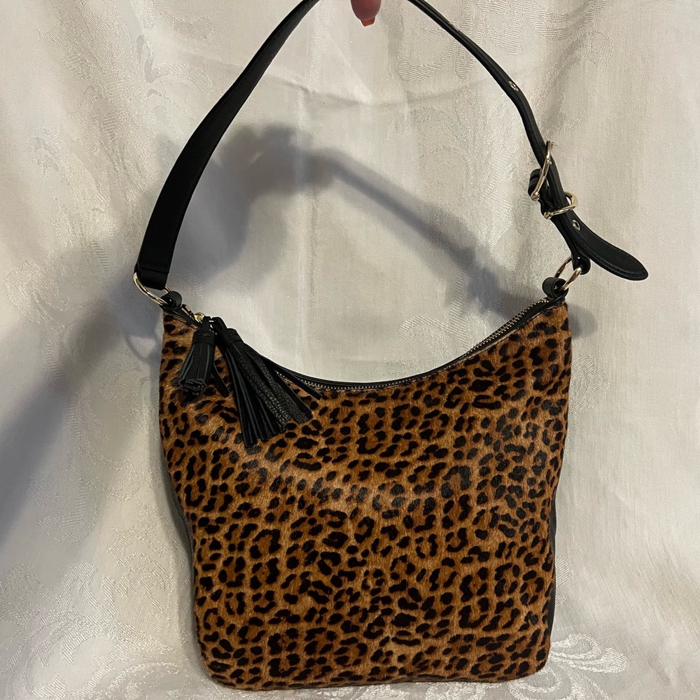 Talbots leopard print calf hair and black pebbled leather bucket bag